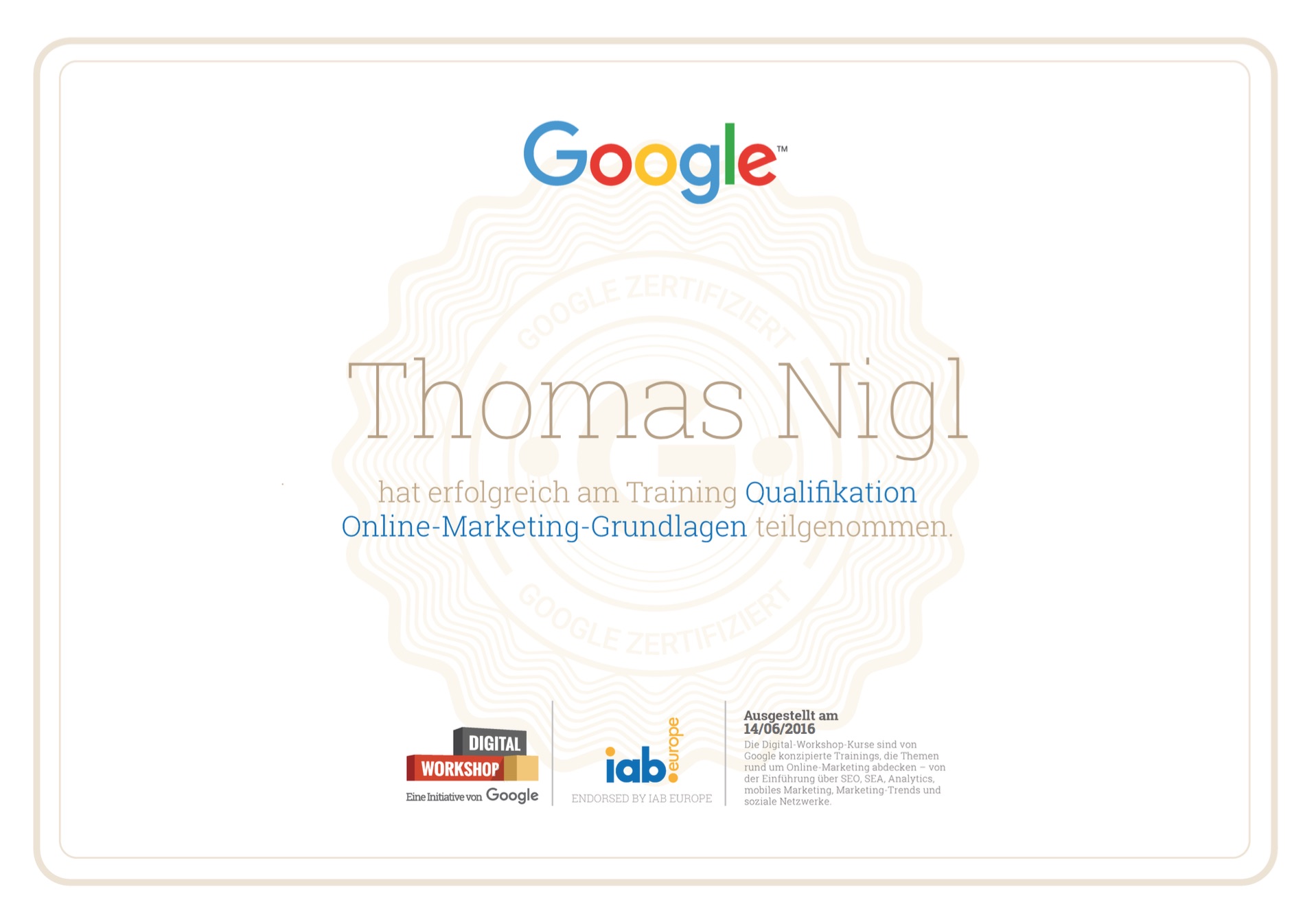 Google Digital Workshop Zertifikat